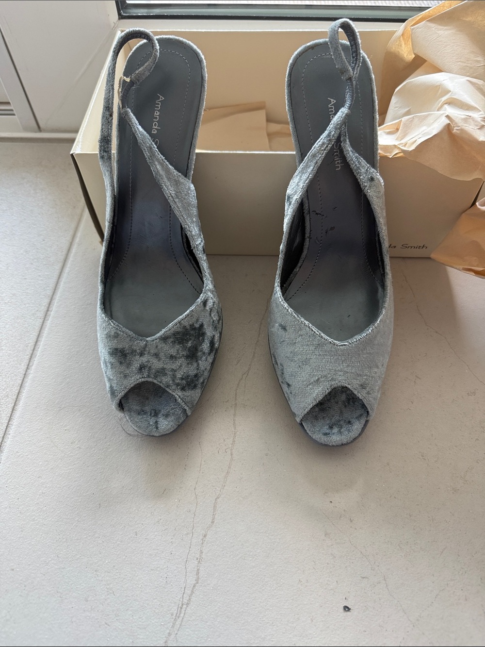 Amanda Smith Gray Velvet Slingback Peep Toe Heels